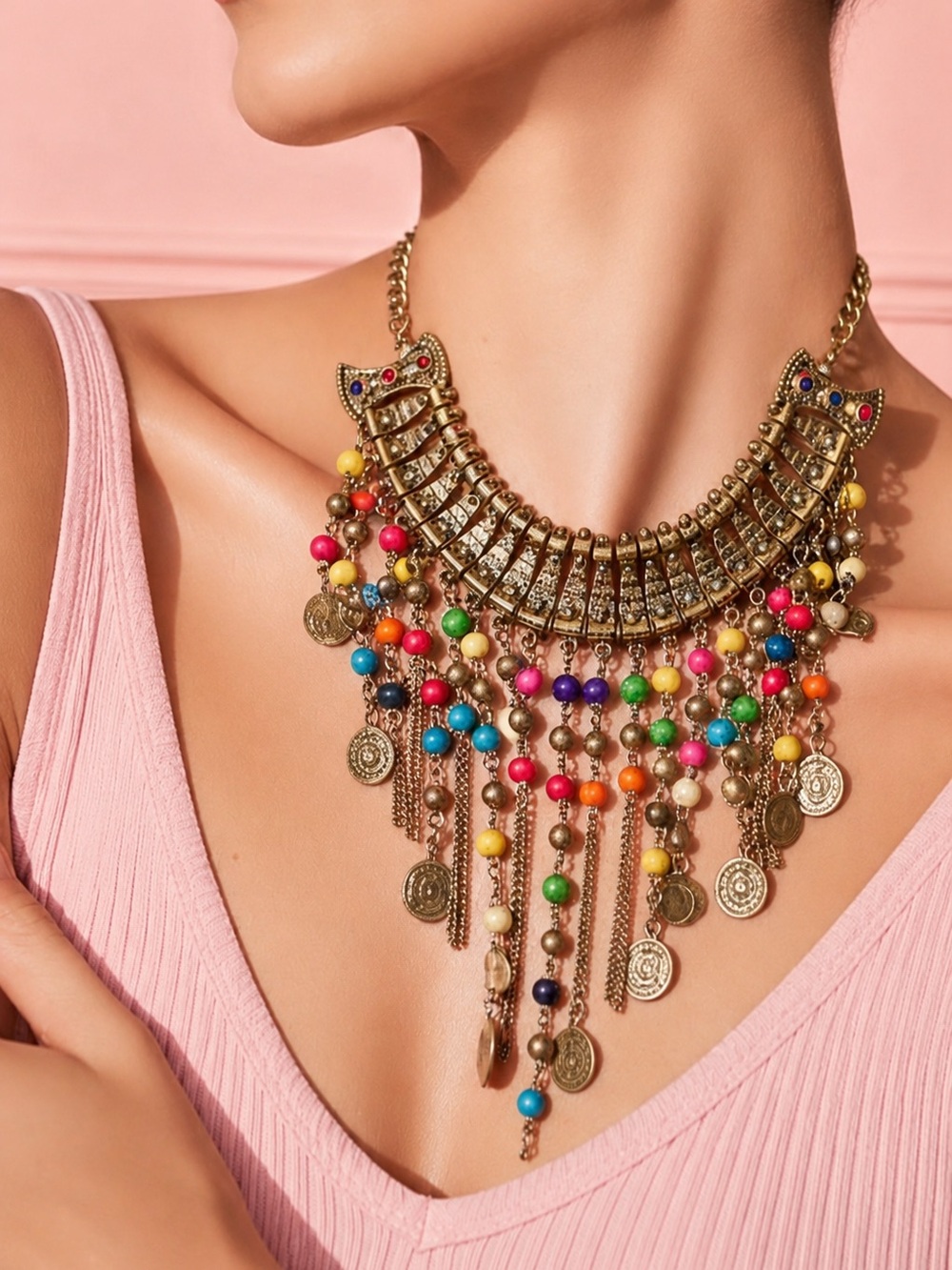 🛍️ ALDO Boho colorful bronze charms ball chain bib necklace